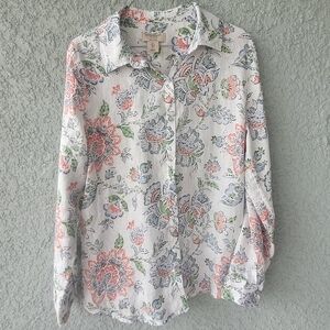 Martha Stewart Linen Floral Long Sleeve Button Down Shirt